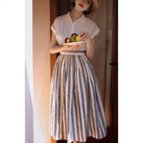 New French Retro Elegant Thin Striped Half-Skirt Set Holiday Style Skirt Skirt Skirt Half Body