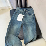 Vintage Diamond Jeans Women Y2k High Street Design High-Rise Straight Pants Loose Drag Trousers 68HZ