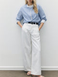 New Overlapping Multi-Season High-Wisdom Workplace Blue Strips Straight Bumpy Stitching Fashion Sense Shirt