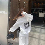 Print Spliced Lace Slanted Shoulder Long-Sleeved Sweater Woman Y2K New Loose Design Sense Niche Sports Top 68HZ
