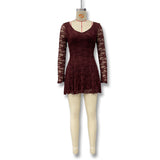 Women's Spring And Summer New Fashion Temperament Sexy V-Neck Lace Long-Sleeved Dress