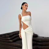 2025 Summer New Women's Irregular Dress Ribbon Hollow Splicing Bag Hip Skirt Folding Dress