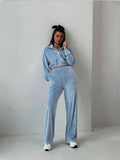 New 2025 Fashion Women's Long-Sleeved Collar Zipper Open-Fleet Tweed Trousers 68HZ