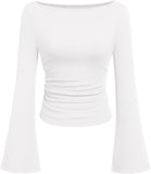 Hottie Solid Color Boat Collar Horn Sleeve T-Shirt Girl 2025 Autumn Dress Folds Thin Tops Long Sleeve
