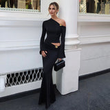 Autumn 2025 Sexy Slanted Shoulder Horn Sleeve Top Fashion Slimming Half-Body Hip Skirt Suit