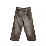 New Retro Gray Skull-Print Jeans Women Y2k Water Wash Old Straight Broad Leg Pants 68HZ