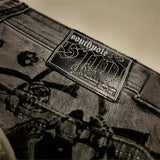 New Retro Gray Skull-Print Jeans Women Y2k Water Wash Old Straight Broad Leg Pants 68HZ
