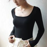 2025T Collar Ribs Fabric Autumn Bottom Shirt Black Low-Necked Women's T-Shirt Striped Splicing