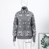 New Niche Print Casual Languid Knitted Collar Zip Open-Sleeved Sweater