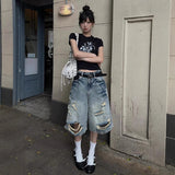 High Street Design Grinds Hole Straight Five-Point Jeans Women Y2K New Hip Hop Trousers 68HZ