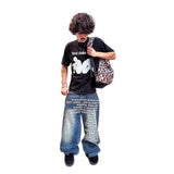 Trendy Letter-Print Jeans Men's Street Hip-Hop Straight Trousers Loose Casual Drag Trousers 68HZ