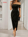 Dili Silk Dress 2025 Autumn And Winter Temperament Elegant One-Word Shoulder Dress