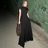 Women's Autumn New Solid Color Sleeveless Fashion Style Dress Folds Long Dress