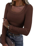 2025 Thread Pit Strips Long Long-Sleeved Square Collar T-Shirt Elegant Short Sleeves