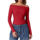 2025 New Women's Shoulder-To-Shoulder Solid-Colored Wrinkles One-Word Long-Sleeved Sexy Top
