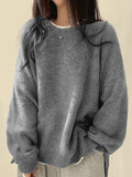 Casual Pure Color Open Fork Knitted Knitted Women Loose Long-Sleeved Round Sweater Autumn And Winter New 68HZ