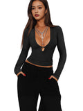 Y2K Dress Wearing Hollow Deep V-Neck Long Sleeves Shoulder T-Shirt Women's Tight Waist Design Top
