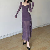 2025 Autumn New Women's Clothing Pure Color Repair Height Waist Fashion Collar Long Sleeve Mesh Dress 68HZ