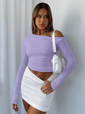 2025 Slanted Shoulder Asymmetrical Solid Umbilical Umbilical Top Long Sleeve Splicing Design