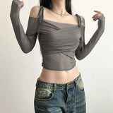 2025 Summer New Women's Pure Color Empathic Street Fashion Word Long-Sleeved T-Shirt 68HZ