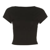 INS2025 Spring And Summer New Women's Pure Color Dress Fashion Round Neck Sexy Bare Back T-Shirt Woman 68HZ