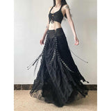 Vintage Temperament Strap Spliced Half Skirt Autumn And Winter Retro Dark High Waist Thin Strap A Word Long Skirt Tide 68HZ
