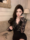 New Solid Color Lace Temperament Anglic Splicing Body Sexy Deep V Bag Ass Skirt Dress Dress Woman