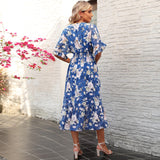 Summer Women's Dress Chiffon Print Fashion Short-Sleeved V-Neck Dress Cloth Thin And Breathable