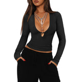 Y2K Dress Wearing Hollow Deep V-Neck Long Sleeves Shoulder T-Shirt Women's Tight Waist Design Top