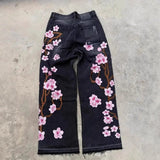 Vintage Trendy Cherry Blossom Embroidered Jeans Men And Women Y2k Harajuku Hip Hop Straight Tube Trousers 68HZ