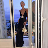 2025 New Sling Belt Deep V-Neck Bare Back Dress Solid Color French High-End Temperament Dress