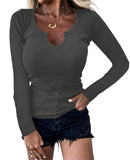 Spring And Winter Pure Color Pit Deep U Collar Long-Sleeved Casual Fashion Women's T-Shirt Spicy