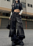High Street Hole-Breaking Two Pieces Of Old Work Clothes Jeans Women Hiphop Street Retro Broad Leg Pants Trend 68HZ