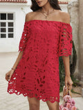 2025 New Commuter Wind Solid Color Brae Shoulder Hollow Lace Dress Dress Dress Dress Woman