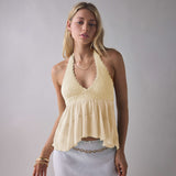 2026 New Hot Lace Lace Top Women Summer Folded Lotus Leaves Side Umbilical Umbilical Sweet Spicy Wind Short Hanging Neck Vest