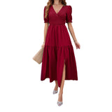 Dili 2025 Spring And Summer Women's Dress Your Temperament Solid Color V Collar Short Sleeves Long Dress