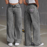 Butterfly Embroidered Jeans Women's Y2K High Street Low-Rise Straight Pants 68HZ