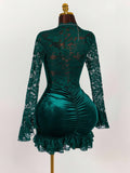 New Fashion Temperament Long-Sleeved Lace Spliced Solid Color Folds Deep V Bag Hip Skirt Dress Dress Woman