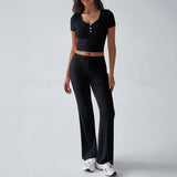 Dili 2025 Spring/Summer Women's Y2K Sports Casual Style U-Neck T-Shirt Trousers Knitted Two-Piece Set