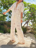 2025 New Collar Hollow Loose Top Straight Trousers Set Plant Flowers