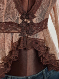 New Lace Splicing Pure Desire To See Hollow Waist Repair Sexy V Horn Sleeve Top Woman
