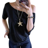 INS New Word Shoulder-To-Shoulder Solid Color T-Shirt Girl Y2k Hottie Lazy Wind Loose Casual Top 68HZ