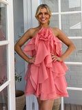 2025 Summer Holiday Wind Hanging Neck Three-Dimensional Flowers Hanging Dress Small Pure Lust Wind Seaside Holiday Dress