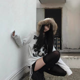 Vintage Letter Print Collar Hoodie Women Y2k Thick Silver Fist Velvet Jacket Set Loose Open Shirt 68HZ