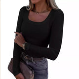 New Explosion Thread Pit Strips Long-Sleeved Sexy U-Neck Casual Women's T-Shirt