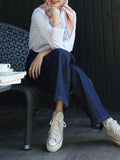 Paris Kiss Retro Color Imitation Denim Fabric Ring Can Not Fade Color Slim High Wisdom Straight Jeans