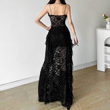 2025 Summer New Women's Solid Color Repair Height Waist Fashion V Tie Sling Mesh Dress 68HZ