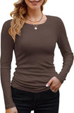 2025 Women's Women's New Ribs Cotton Fabric Base Round Neck Solid Long-Sleeved T-Shirt