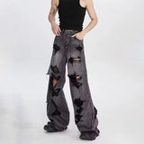 Black High Street Ripped Jeans Women Y2k Harajuku Feng Shue Wash Old Wide-Legged Straight Pants 68HZ