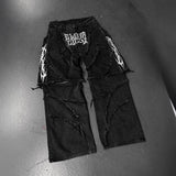 Zipper Splicing Loose Patch Embroidered Haired Jeans Men's High Street Design Sense Loose Straight Pants 68HZ